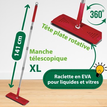 Balai serpillère à manche télescopique et raclette intégrée